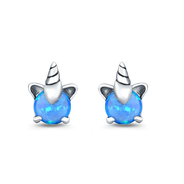 Unicorn Stud Earrings Lab Created Blue Opal 925 Sterling Silver (10mm)